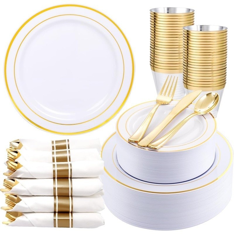 Premium White & Gold Disposable Plates Set 50 Guests W/ Flatware Napkins New gallery