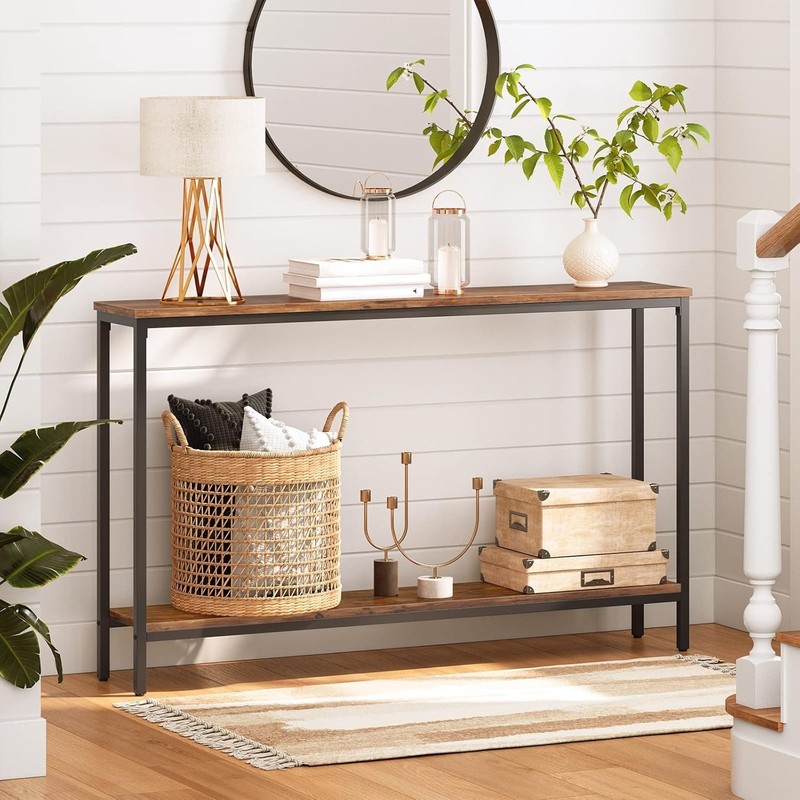 Narrow Console Table 47.2" Rustic Brown Black Metal Frame Entryway Sofa gallery