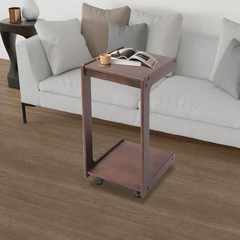 2-Tierd Solid Wood Bedside C-Shaped Side Table w/ Drawer & Lockable Wheels
