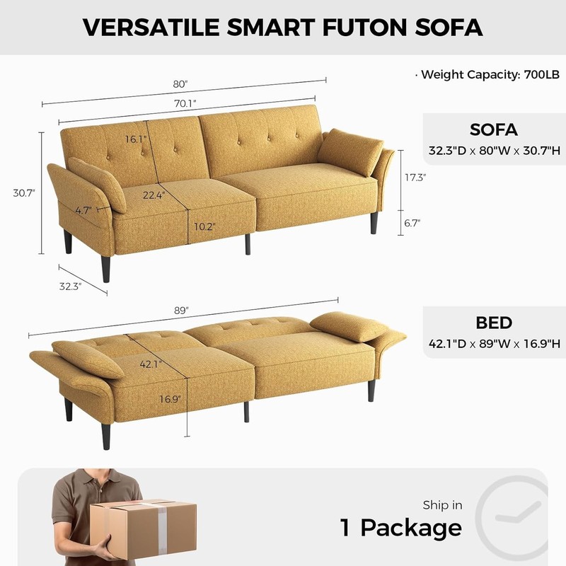 89” Futon Sofa Bed Couch,Convertible Loveseat Sleeper Sofa with 2 Pillows gallery