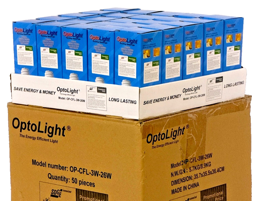 25 LOT OptoLight 3-Way Soft White CFL Bulb 1700 Lumen Mini Spiral OP-CFL-3W-26W gallery