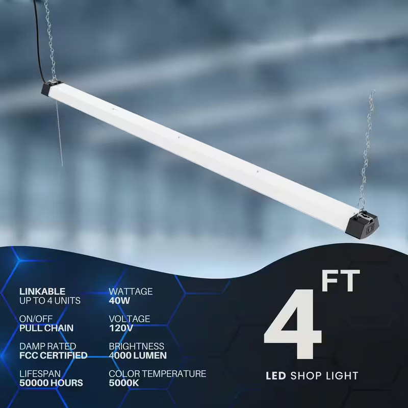 4 Ft. 300-Watt Equivalent Integrated LED Black Wraparound Shop Light Pull Chain gallery