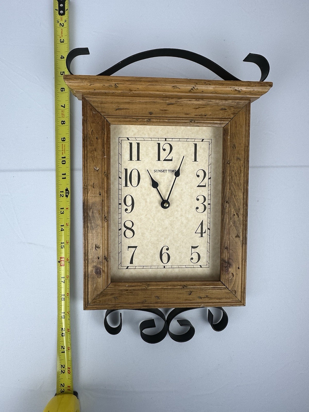 Rustic Farmhouse Wall Clock Wood Frame Wrought Iron Scroll “Sunset Time” gallery