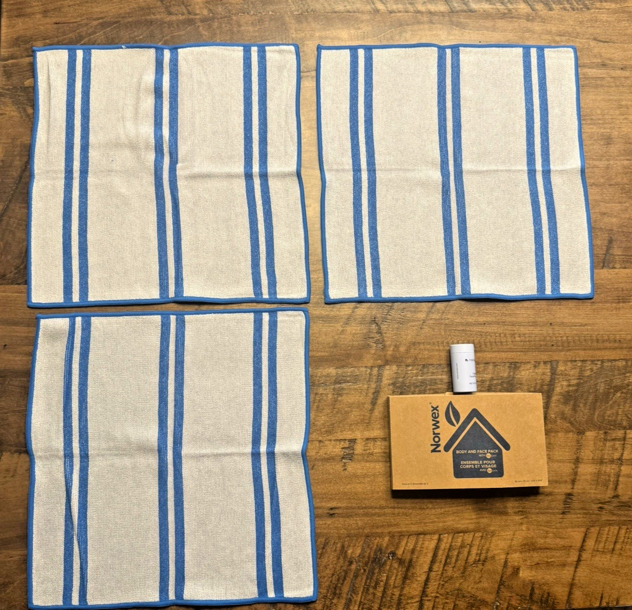 NEW Norwex Body/Face Pack Marine Stripes Set of 3 + Travel size Cleansing Powder gallery