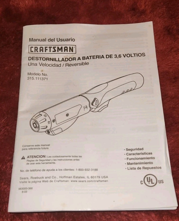 Craftsman 3.6 Colt Cordless Screwdriver Operators User Manual 315.111371 gallery