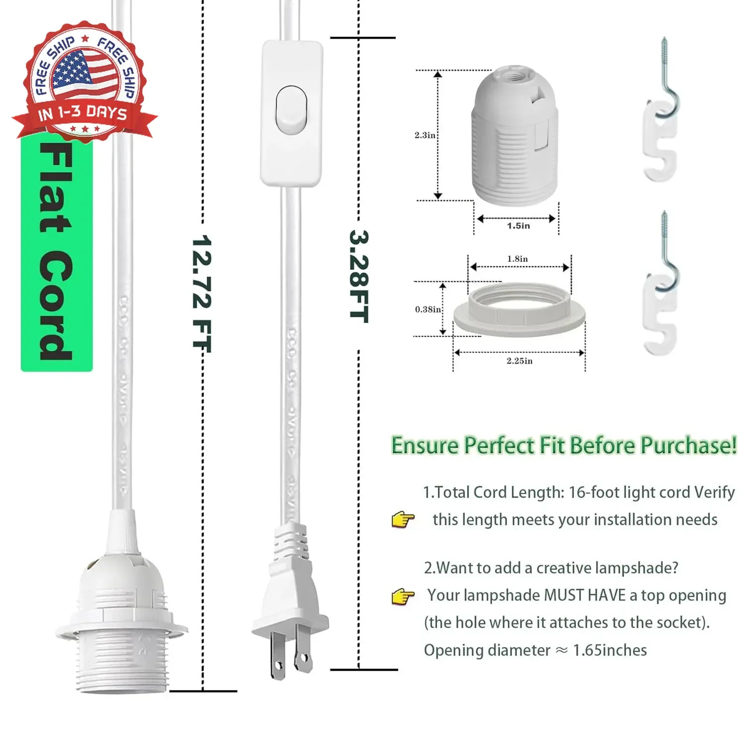 Plug in Light Socket - 16Ft Pendant Light Cord Kit E26/E27 Light Socket Hanging gallery