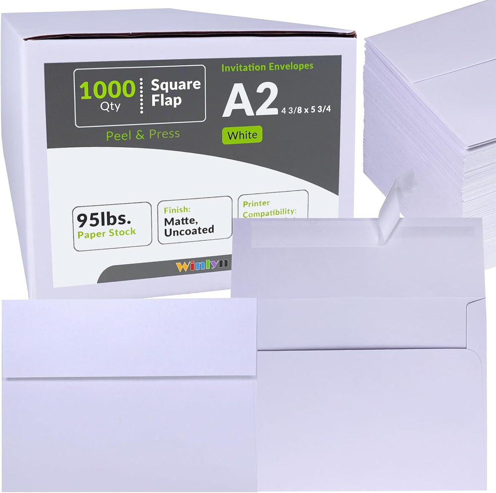 1000 Pcs White A2 Invitation Envelopes, Peel & Press Self Seal, 4 3/8 X 5 3/4 Sq