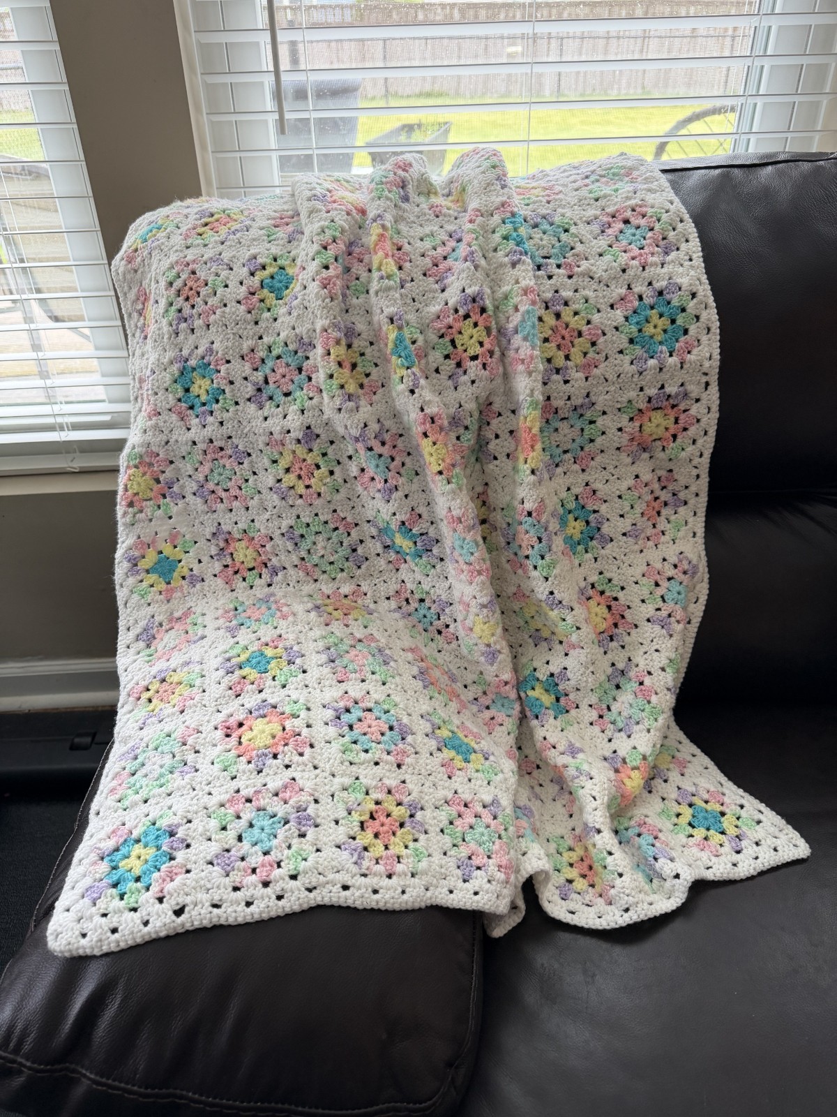 Handmade Corcheted pastel & white afghan 37 x 48 lapghan, crib, throw gallery