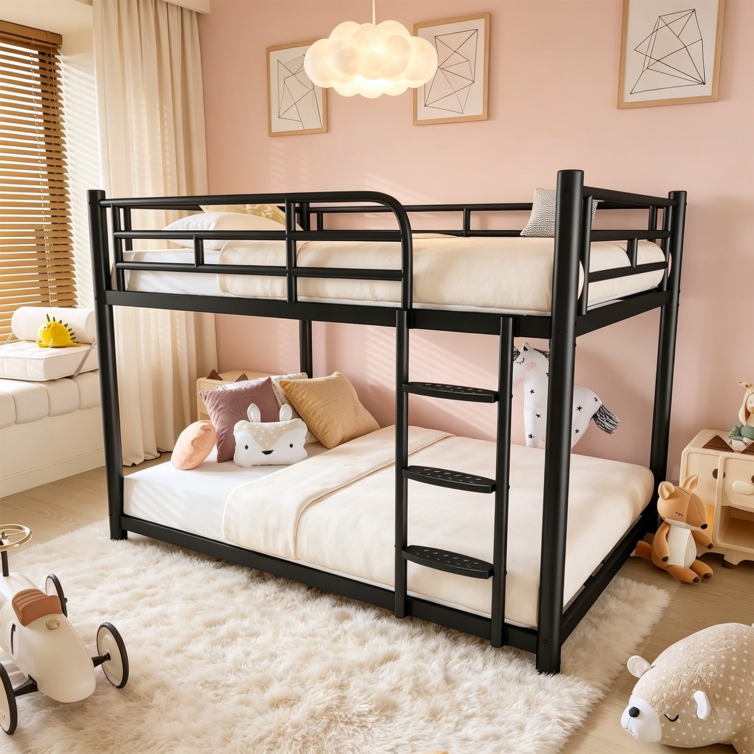Full Over Full Low Metal Bunk Bed, Wide Ladder & Guardrails for Adults, Kids gallery