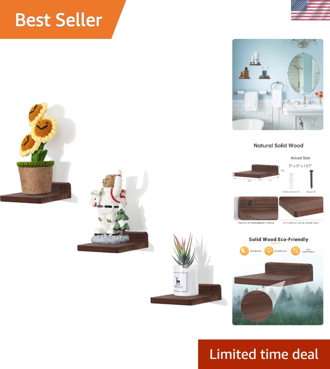 Rustic Dark Walnut Floating Shelves 5x5 Inch, Set of 3 for Stylish Home Spaces gallery