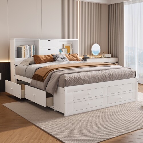 Queen King Size Platform Bed with Storage Drawers Bookcase Headboard Bed Frames gallery