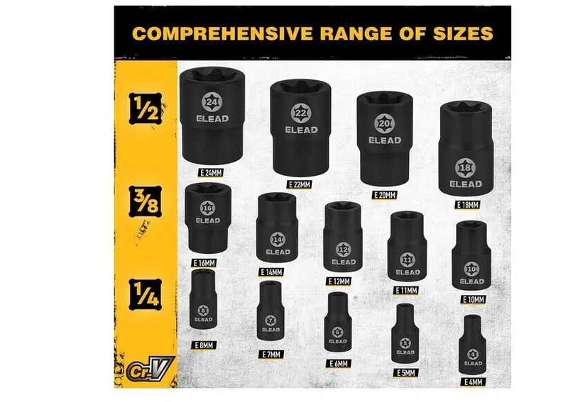 17-Piece Inverted E-Torx Socket Set - Impact Chrome Vanadium Steel Star Female S gallery