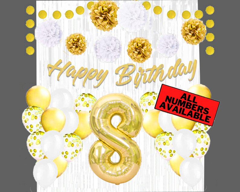 Gold & White 8th Birthday Decorations - 40" Number Balloons & More - Boy or Girl gallery