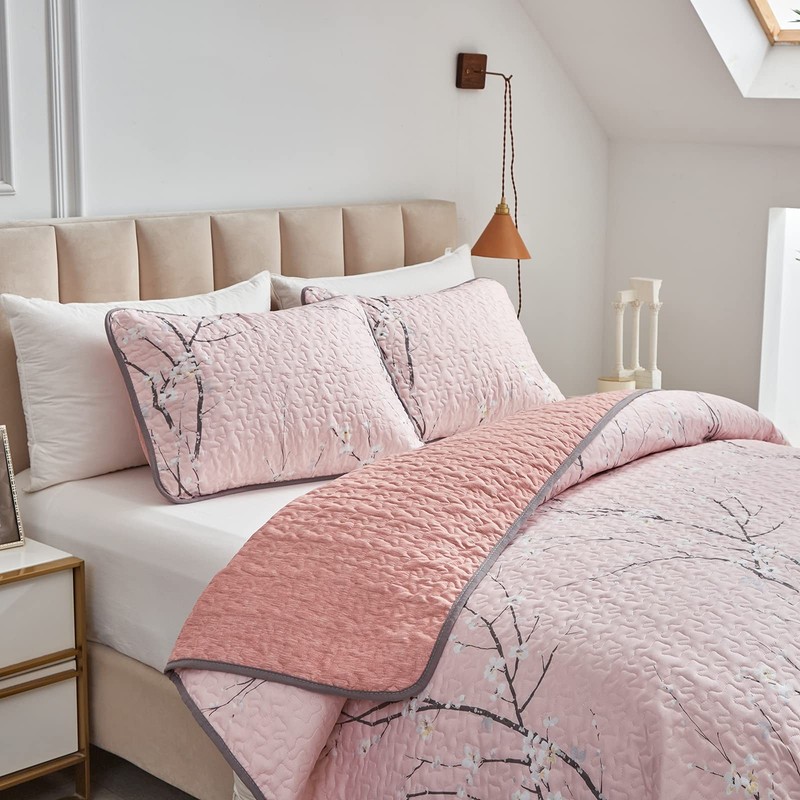 UOZZI BEDDING 3 Pieces Reversible Pink Branch Quilt Queen(88x88), gallery
