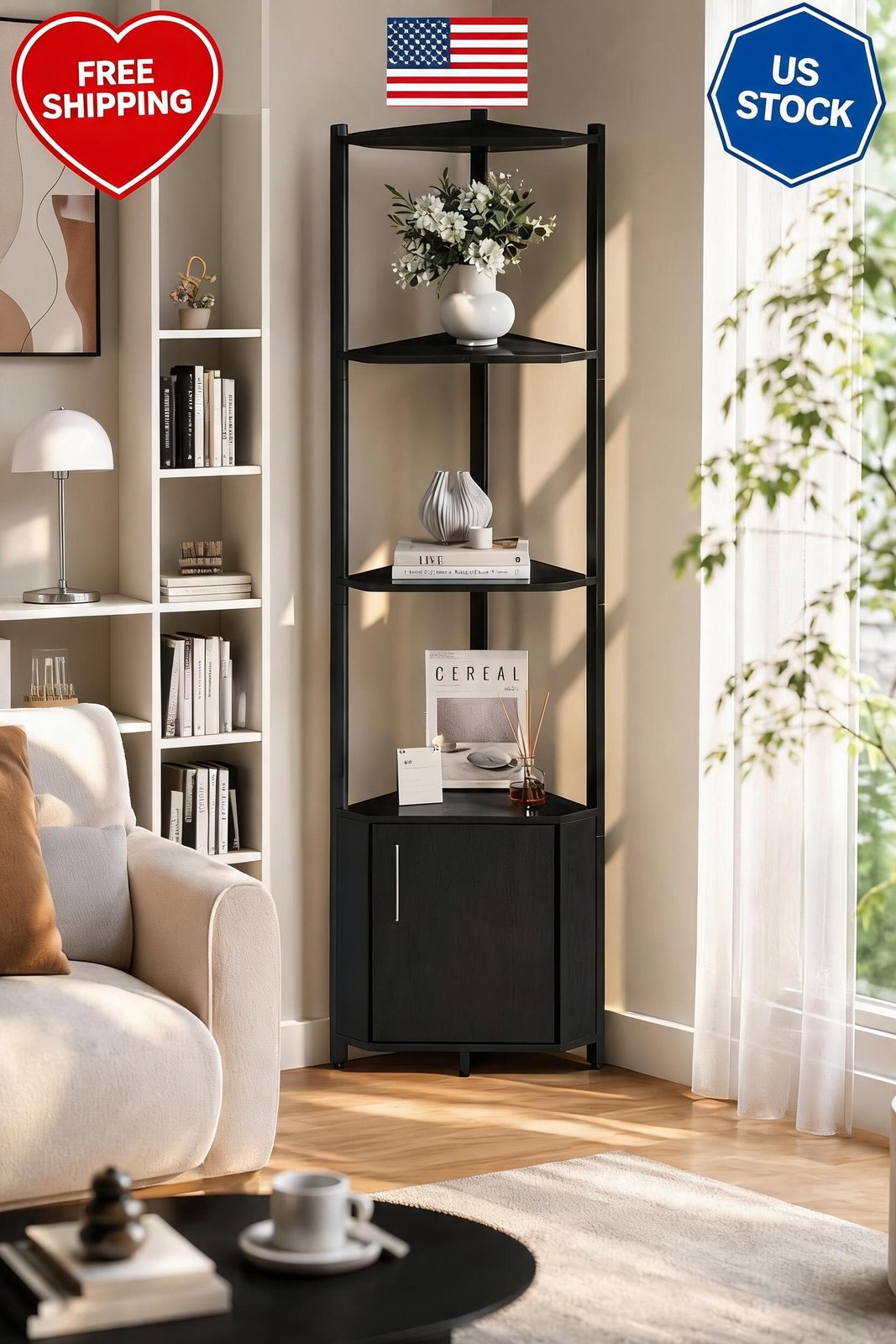 Corner Shelf Stand 57 Inch Tall Corner Bookshelf with Metal Frame Black Tier 5 gallery