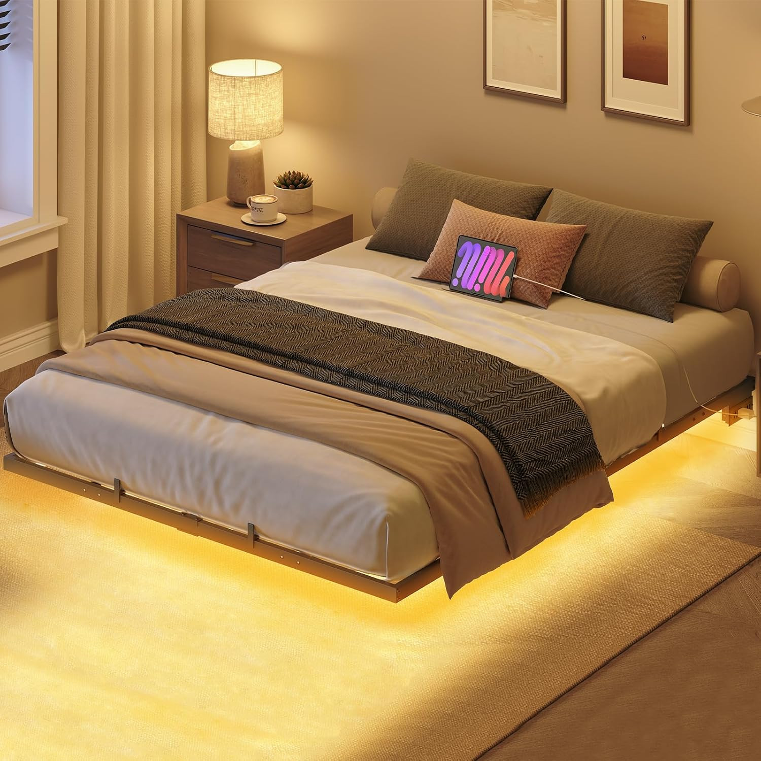 Full Size Floating Bed Frame with LED Lights Charging Ports Metal Platform Black gallery