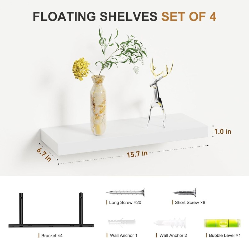Floating Shelves Wall White Engineered Wood Wall Shelf Set of 4 16" Wall Mounted gallery
