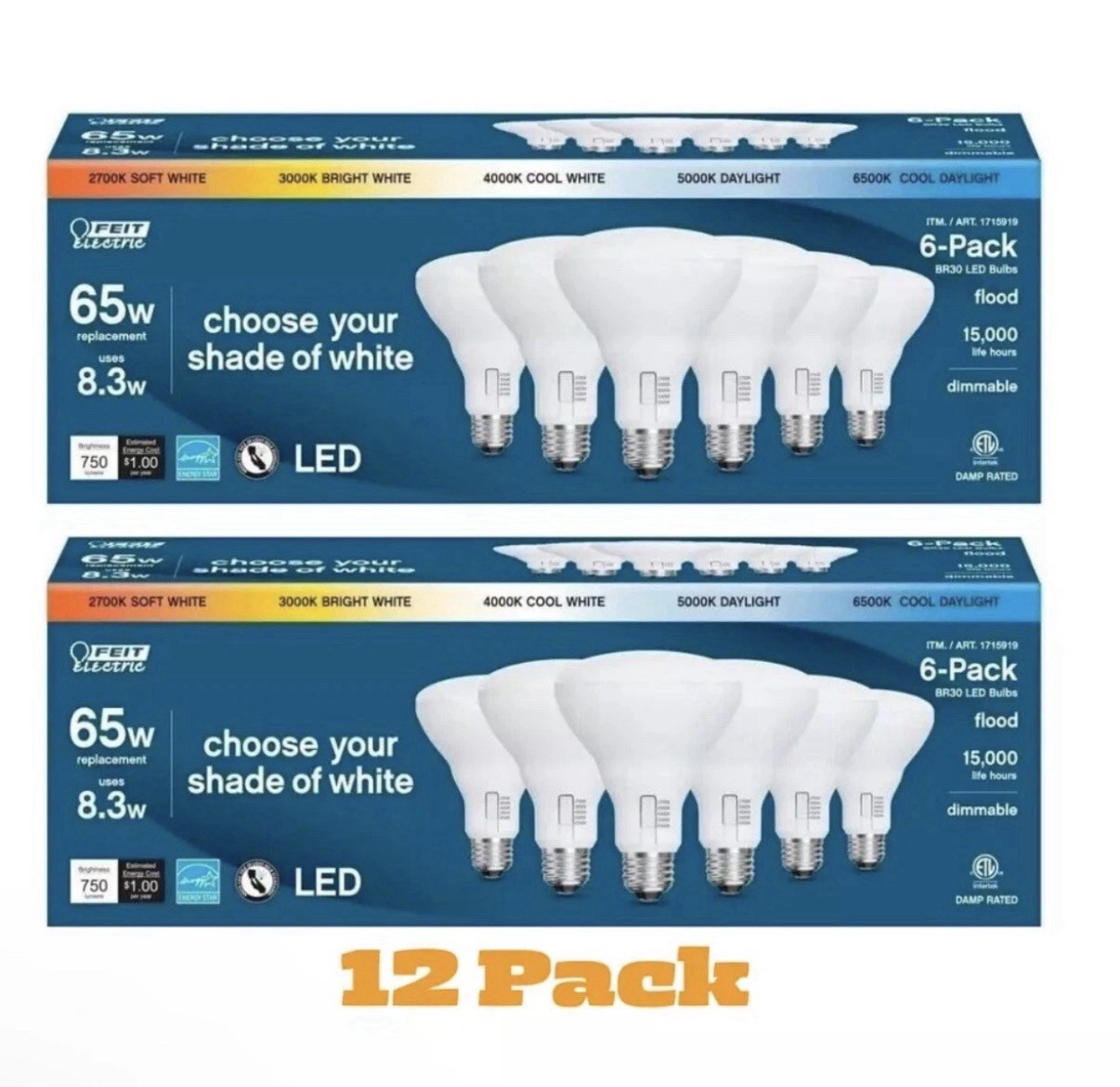 12 Pack NEW Feit Electric LED BR30 5-Color Choice 65W Eq 750 Lum gallery