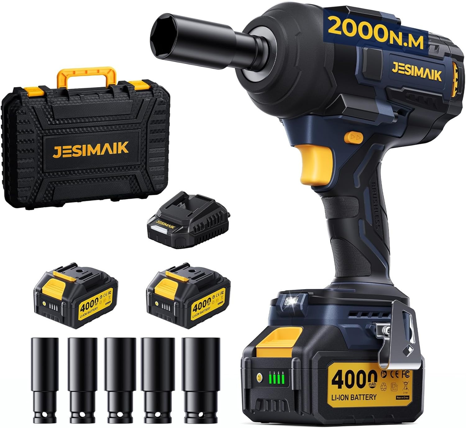 JESIMAIK 1475ft-lbs Cordless Impact Wrench – 1/2" Brushless, 2×4Ah, 5 Sockets gallery