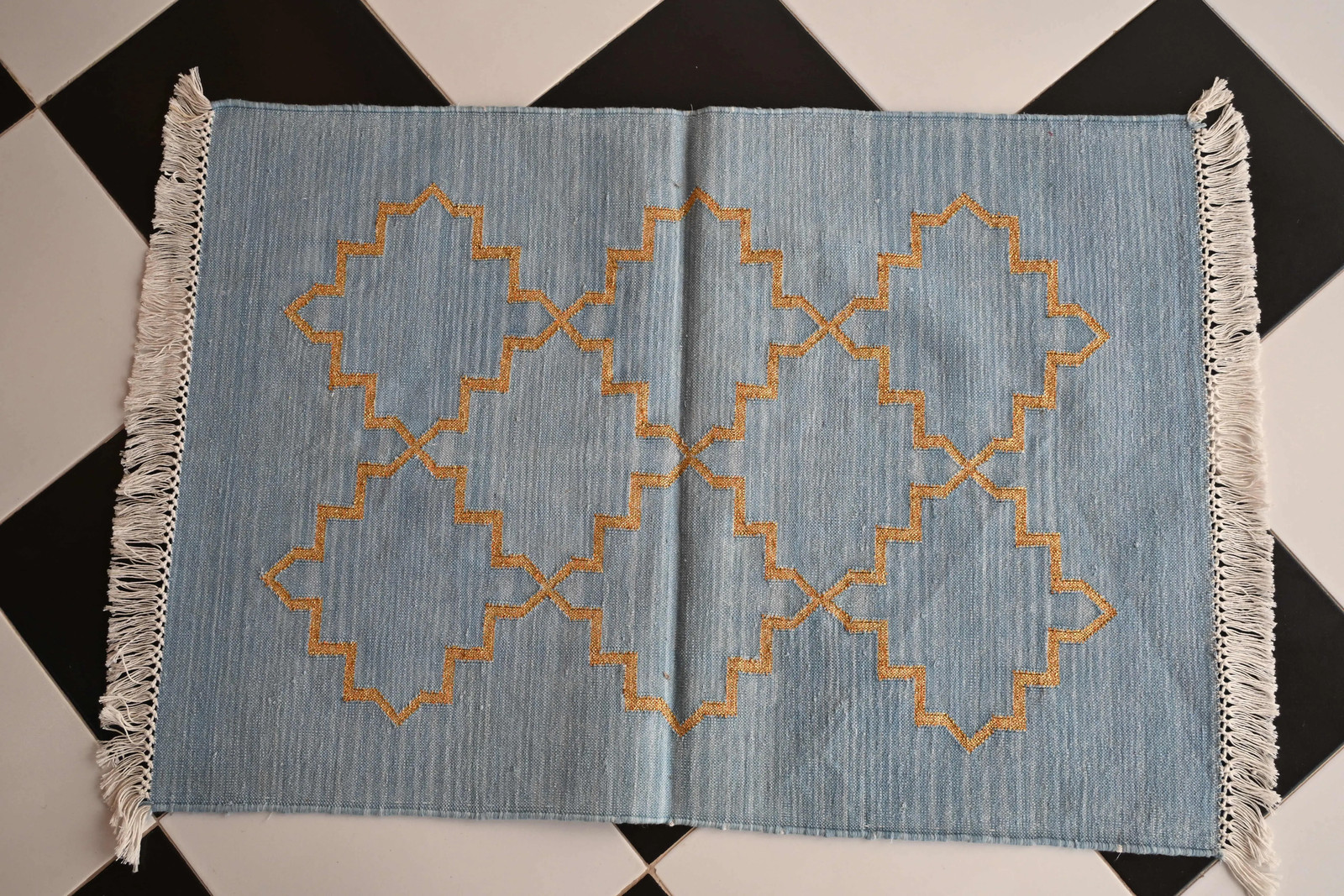 Rugmoda Cotton Blue Gold Moroccan Geometric 2.5x5 ft Area Rug for Living Room gallery