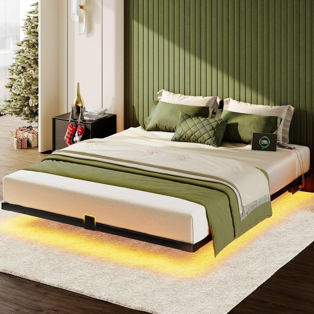 Bed Frame Queen Size, Floating Bed Frame with Smart LED Lights & Charging Statio