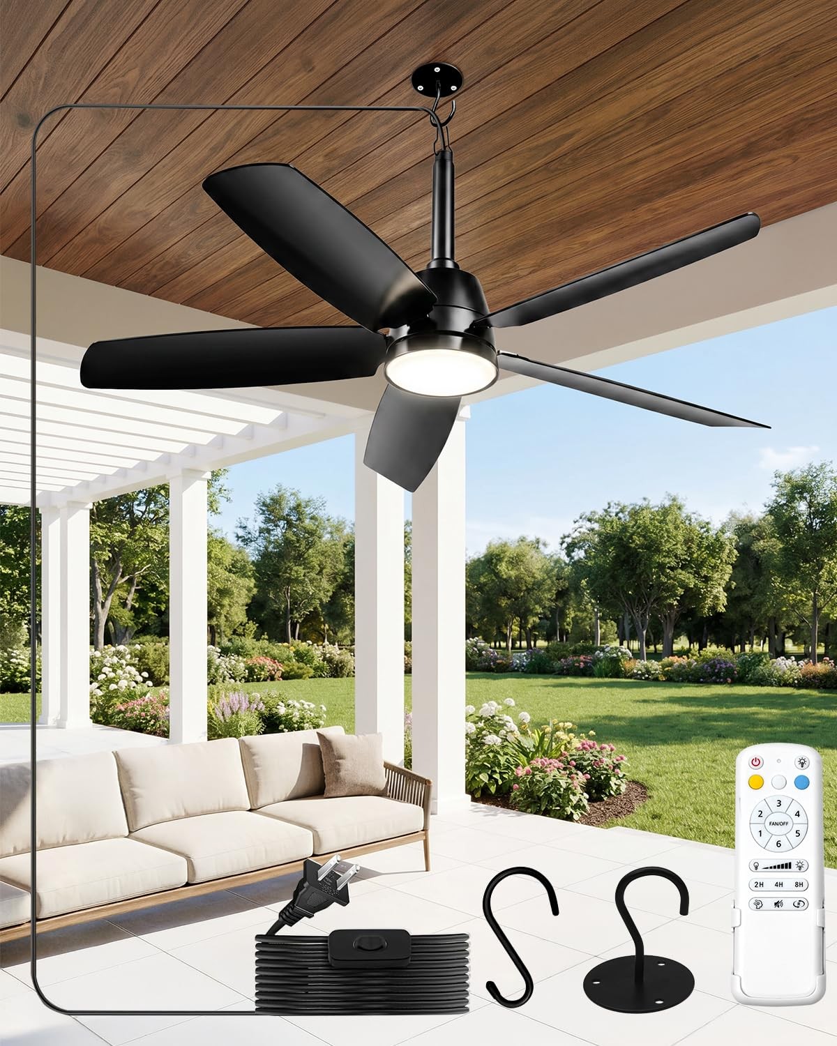 Outdoor Ceiling Fan 36 Inch Plug In Light Remote Waterproof Black ZH5 NWOP Patio gallery