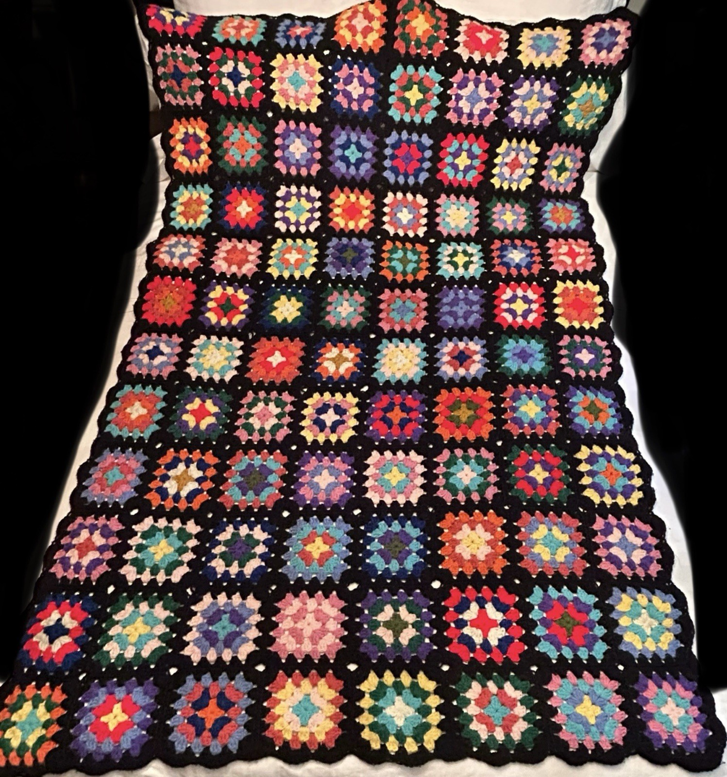 Vintage Handmade Granny Square 69”x48" Afghan~Black with Multi-Colored Squares gallery