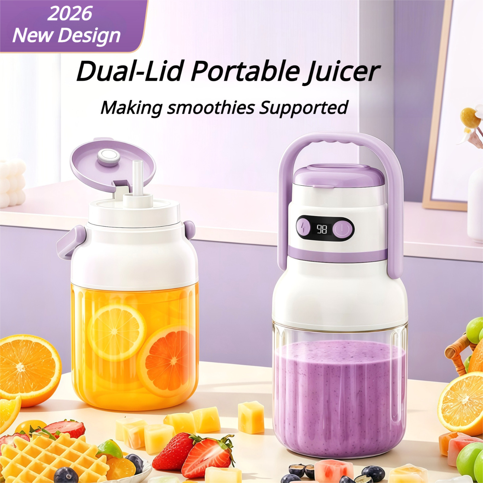 Portable Personal Blender 1300ml USB Rechargeable Smoothie Juicer Cup 2 Lids gallery