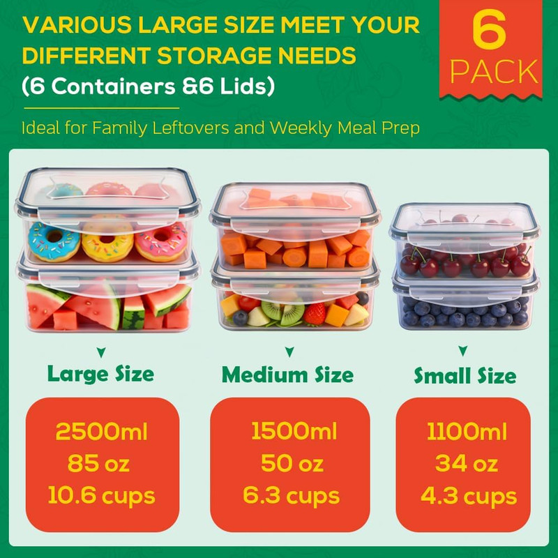 6 Pack Large Food Storage Containers with Lids (85Oz/50Oz/34Oz) –Bpa-Free Reusab gallery