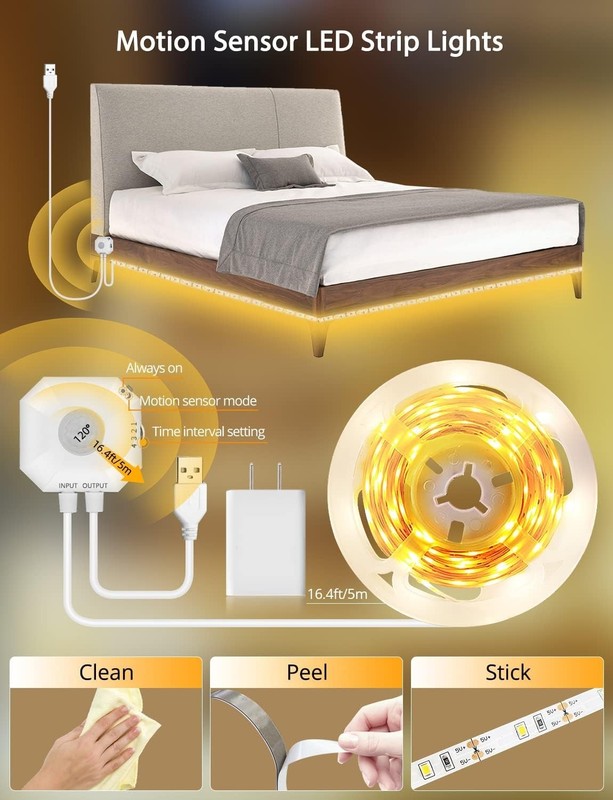Motion Sensor LED Light Strip 16.4Ft Warm White 3000K & Multi-Colored USB Power gallery
