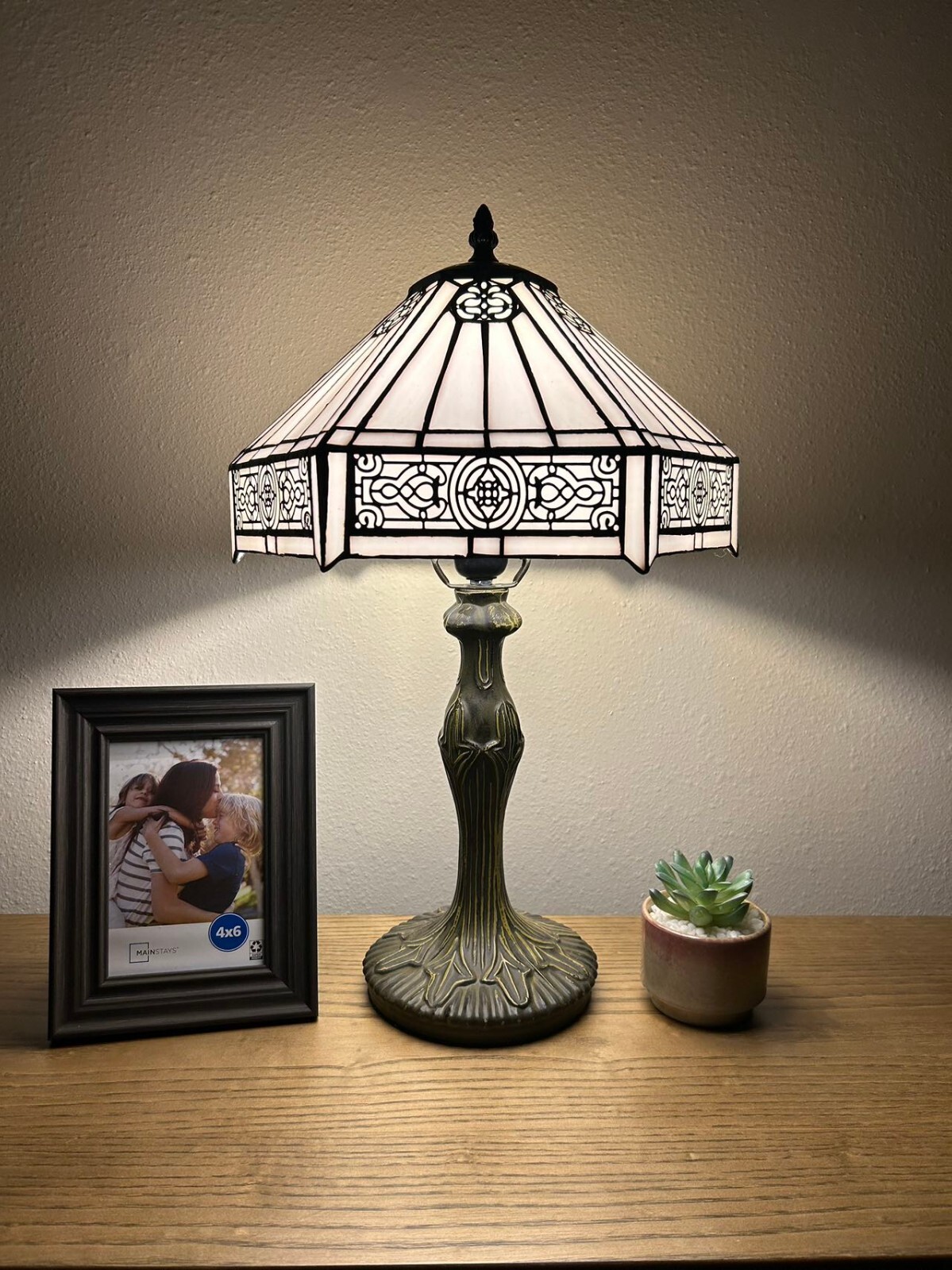 Tiffany Style Table Lamp White Stained Glass Hexagon Included LED Bulb 19"H*12"W gallery