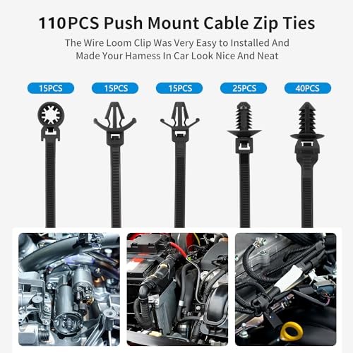 Automotive Installation Push Mount Cable Zip Ties Assorted Sizes, 110 PCS Black gallery