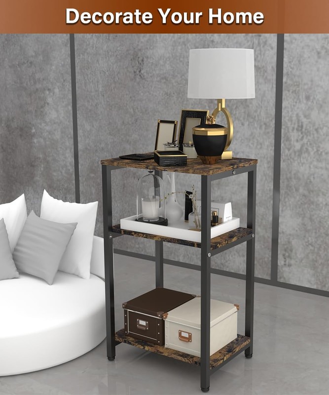 3 Tier Side Table Rustic Brown Black Narrow Nightstand End Table with Shelves gallery