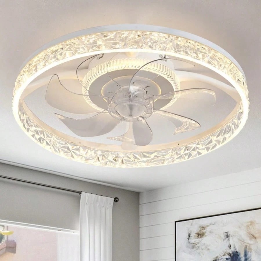 Modern Flush Mount Ceiling Fan W/ Dimmable LED Light & Remote 6-Speed White gallery