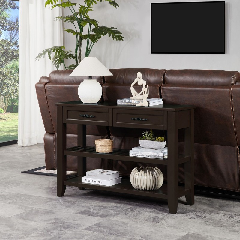 Retro Design Console Table with Two Open Shelves, Pine Solid Wood Frame and Legs gallery
