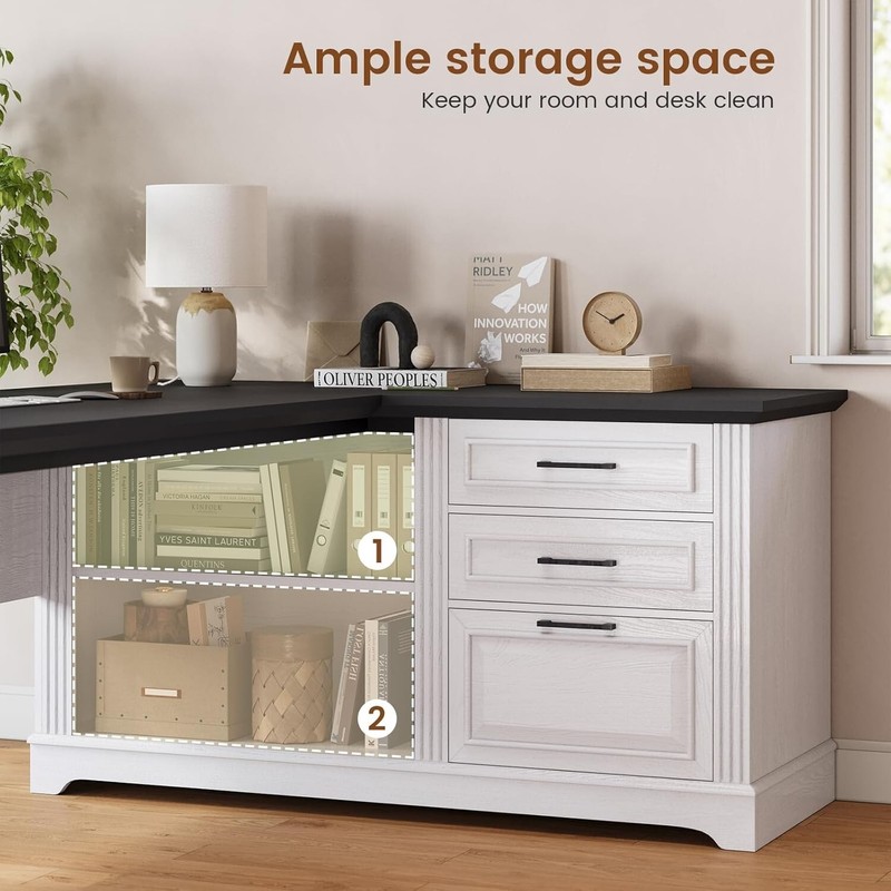 Farmhouse 61" Executive Computer Desk, L Shaped Office Desk with Storage Shelves gallery