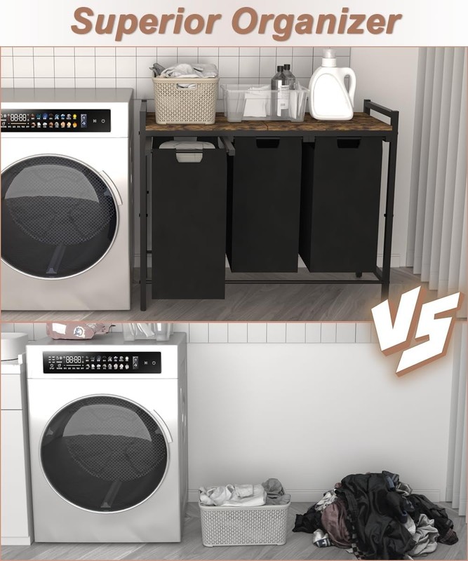 NEW Laundry Hamper 3 Bag Sorter Pull Out Removable Rustic Brown Black gallery