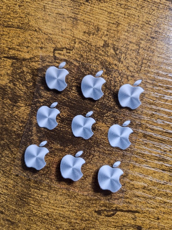 9 pc. Apple Logo Metallic Silver 5/8 in tall UV DTF Decal Sticker waterproof USA gallery