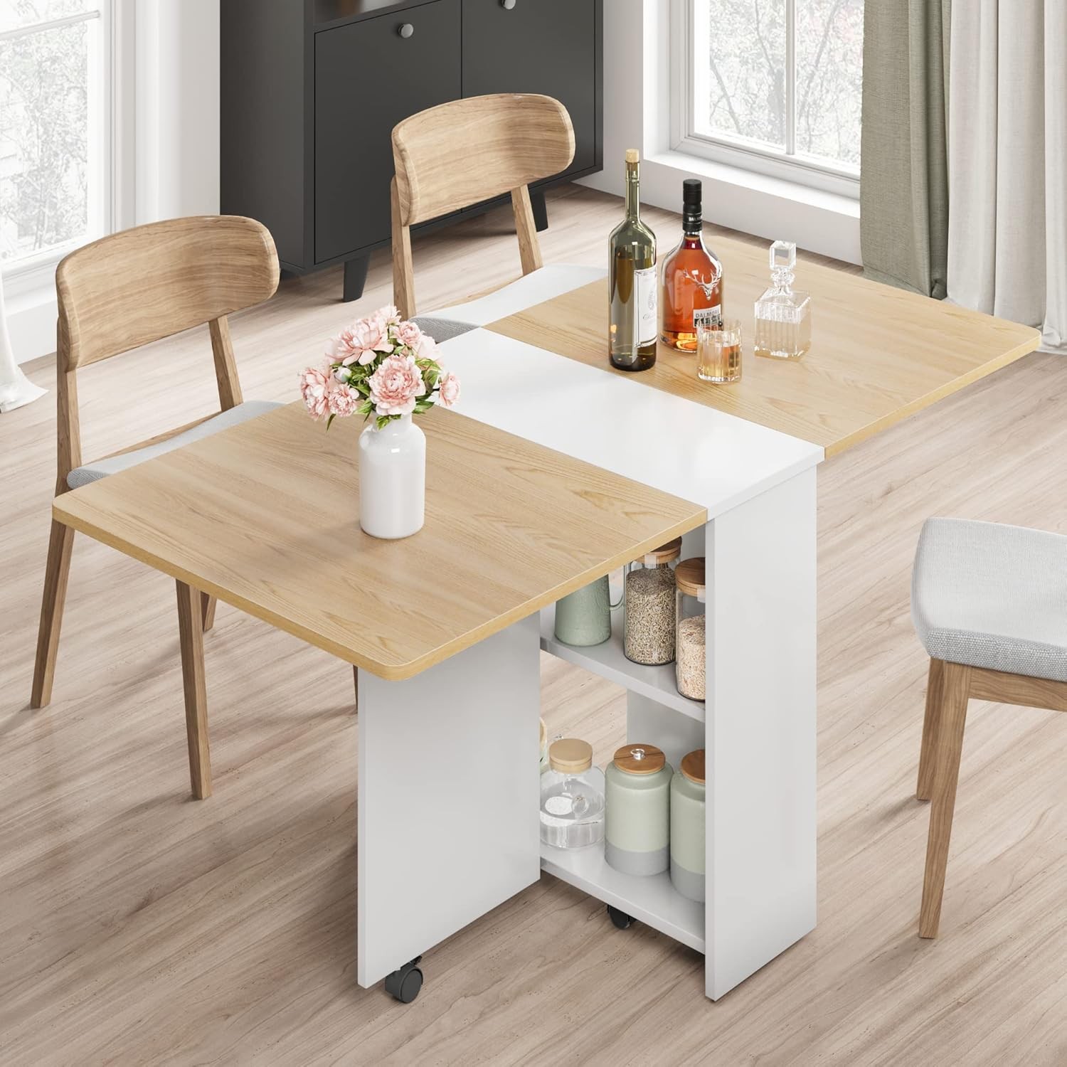 Folding Dining Table with 6 Wheels Storage Racks for Small Kitchen Saving Space gallery