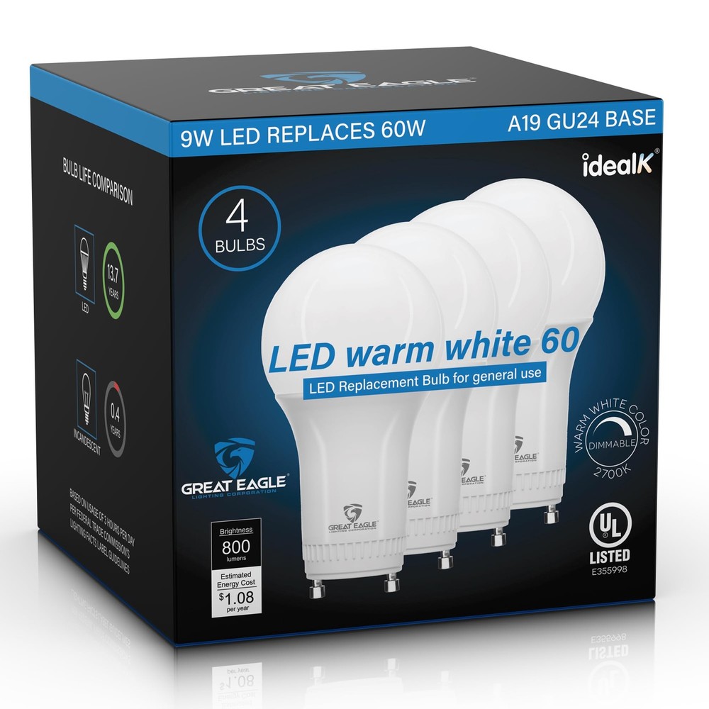 Great Eagle GU24 Led Bulb - A19 Shape, 4 Count (Pack of 1), 2700k Warm White