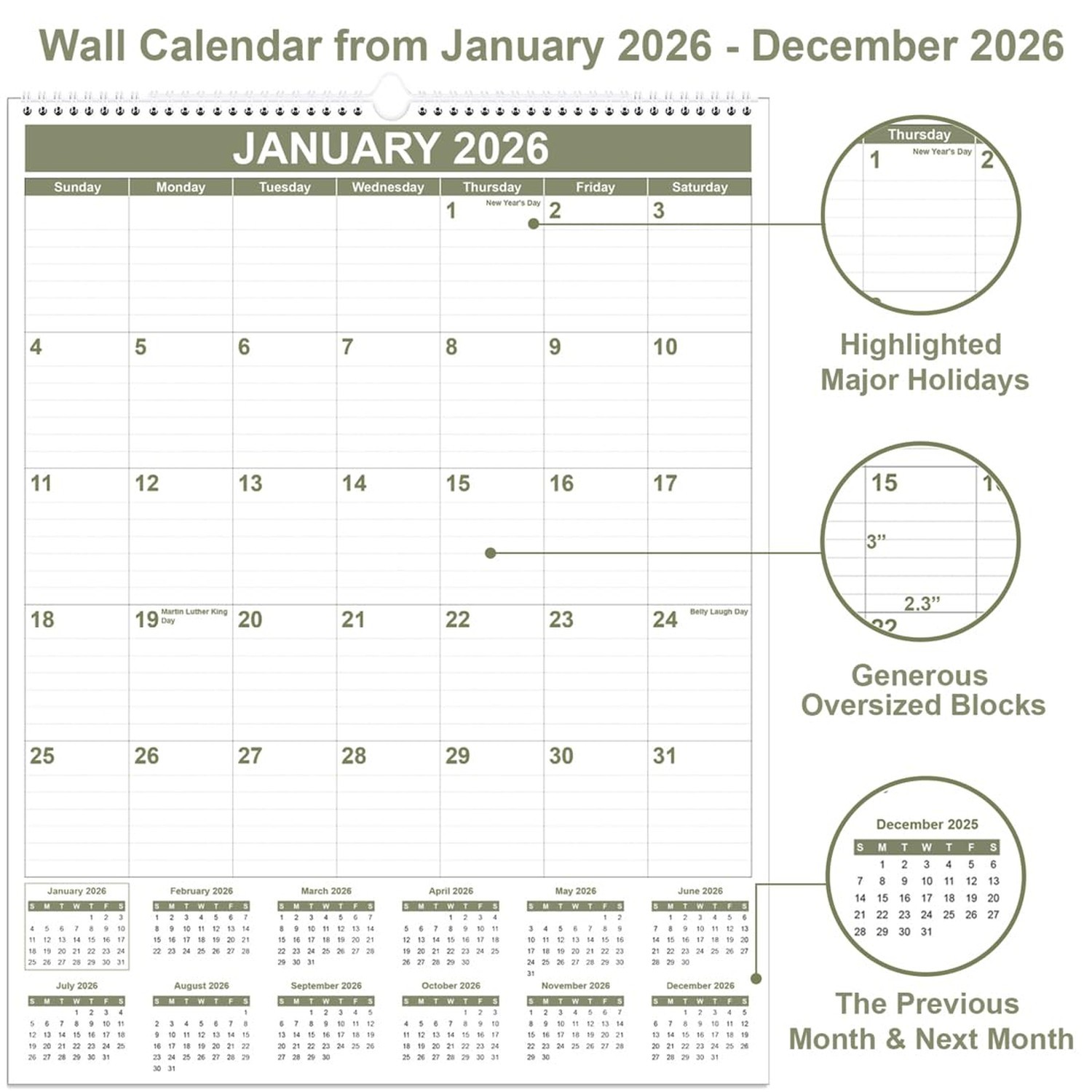 Large Calendar 2026 with Spiral Bound - 12 Month Big Calendar from January 20... gallery