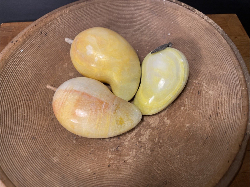 (3) Alabaster Marble Stone Fruit Mango Carved with Wooden Stems Vintage Italy gallery