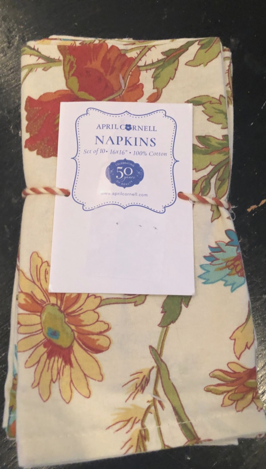 S/10 April Cornell WILDFLOWERS Rust, Green, Blue, Cream Dinner Napkins -- NWT gallery