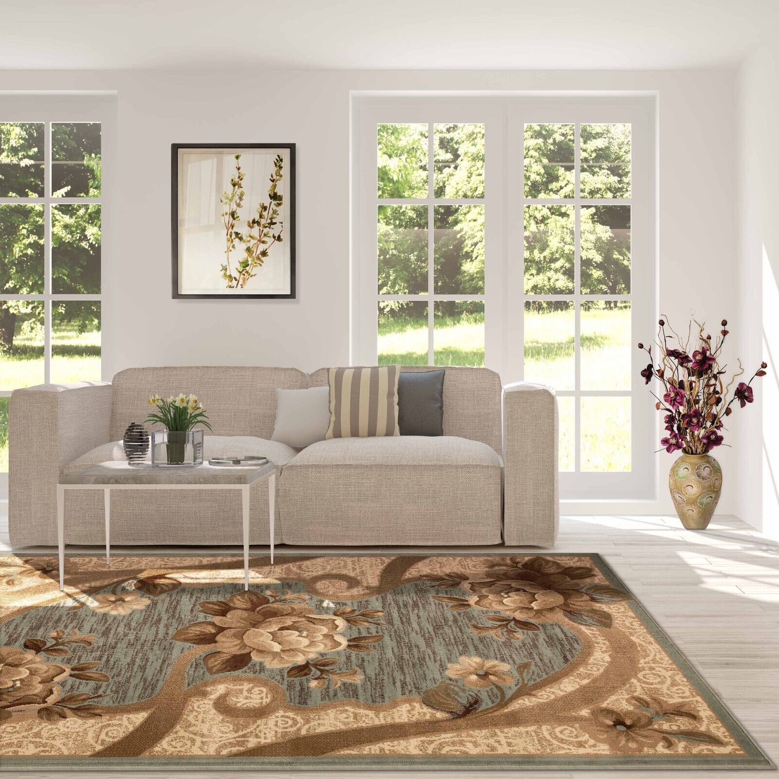 Large Area Rug Runner Scroll Floral Border Pet Friendly Carpets for Living Room gallery