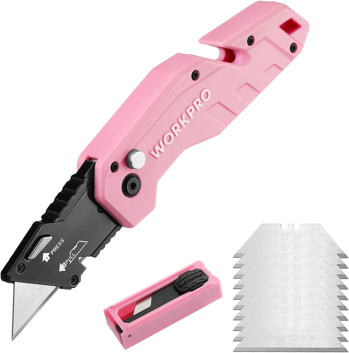 WORKPRO Folding Utility Knife Quick Change Box Cutter Pink Razor Knife 10 Blades gallery