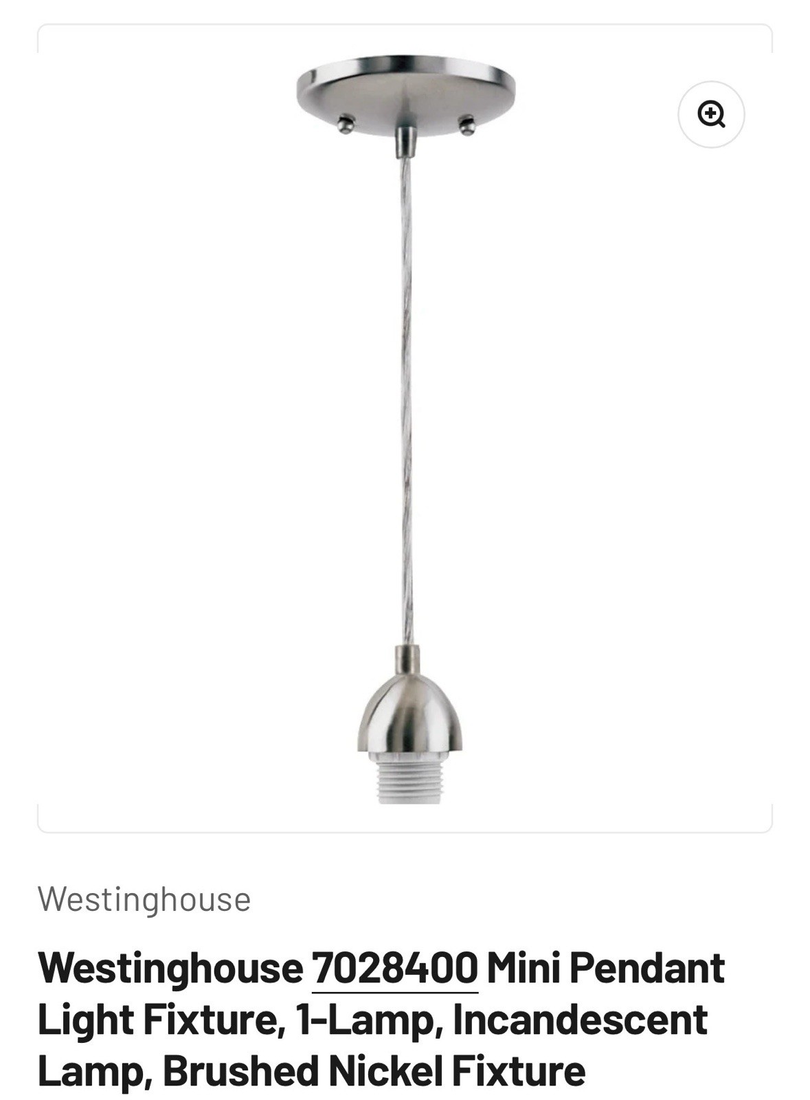 NEW Westinghouse Mini Pendant Light Kit Nickel Finish Hardware Included 70284 gallery
