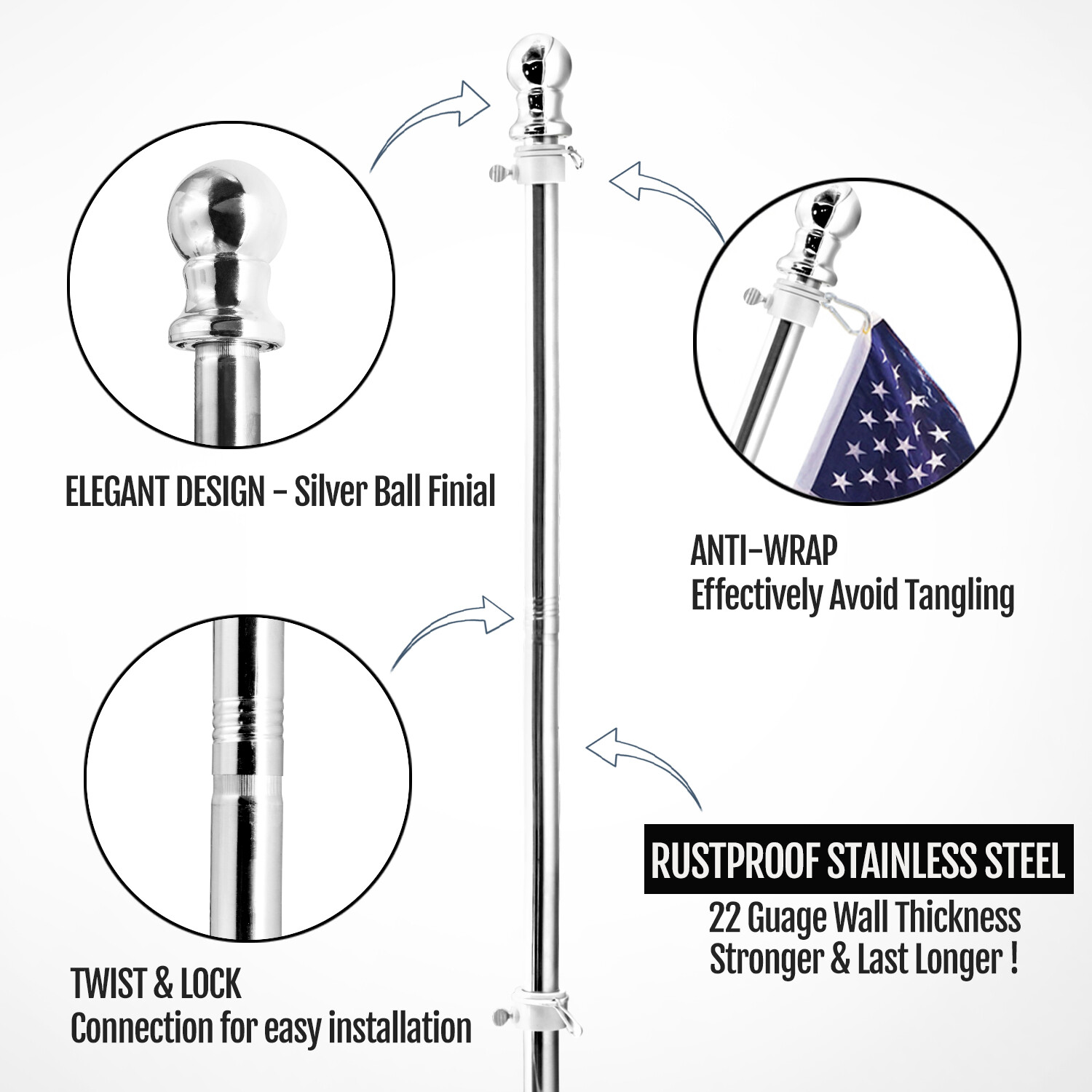 Anley 6 Ft Flag Pole Stainless Steel Flag Pole Kit with Rings Adjustable Length gallery