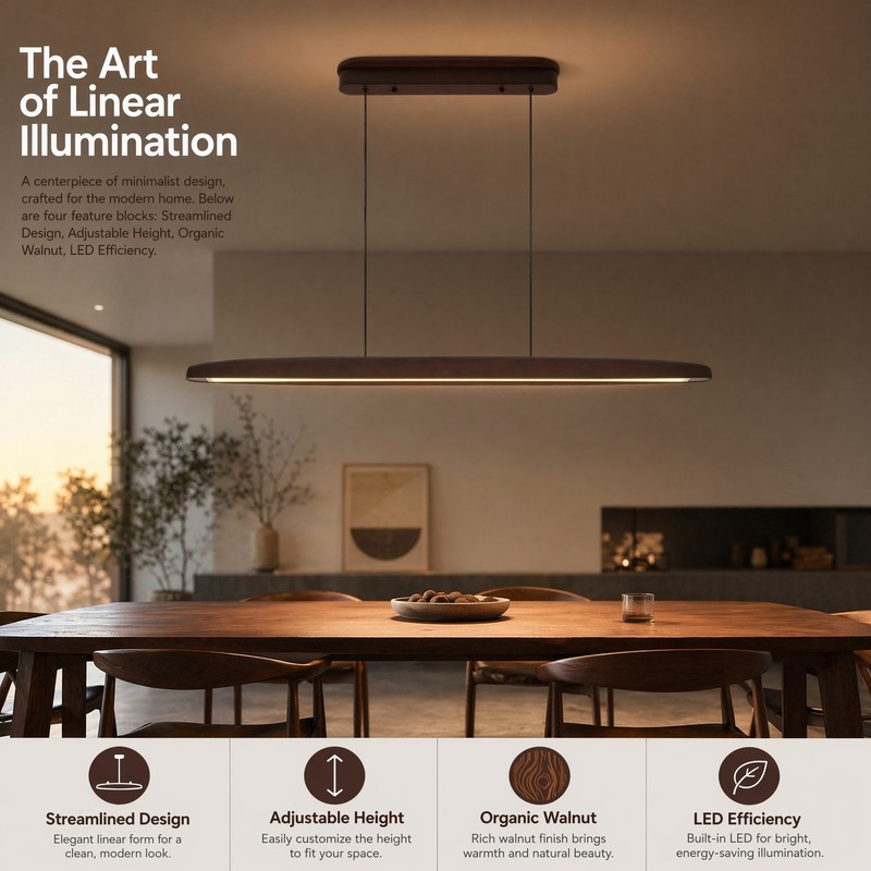 39 in 3CCT Remote Walnut Linear LED Pendant Chandelier Living Room Light Fixture gallery