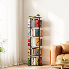 5-Tier Rotating Bookshelf Tower – Space-Saving Swivel Organizer in Brown Wood