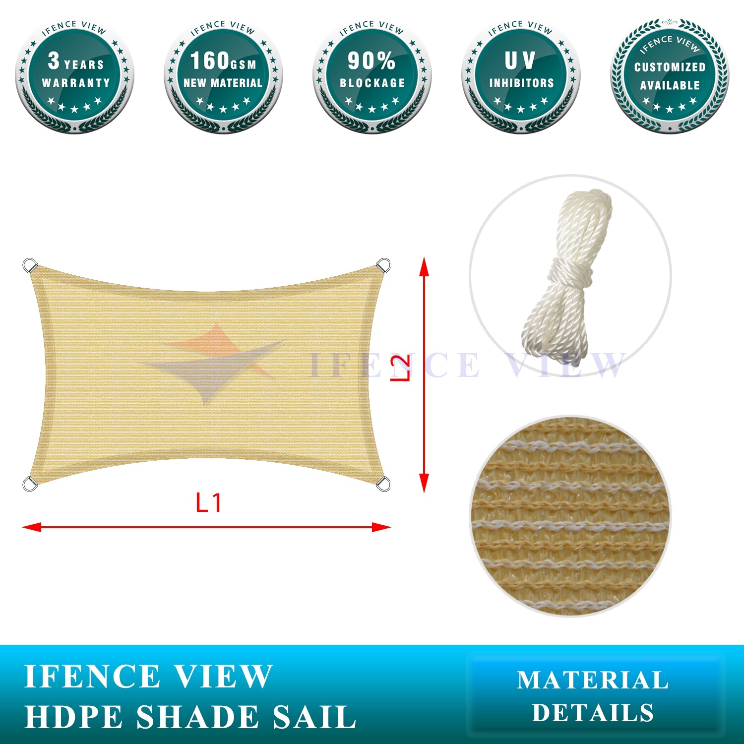 Ifenceview Beige 10'x10'-10'x48' Rectangle Sun Shade Sail Patio Canopy Awning gallery